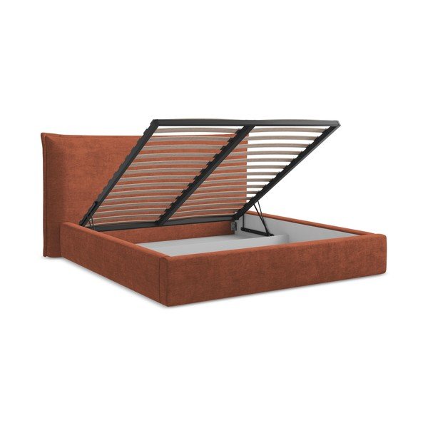 Terrakotta színű kárpitozott ágyneműtartós franciaágy ágyráccsal 140x200 cm Esala – Makamii-image-3