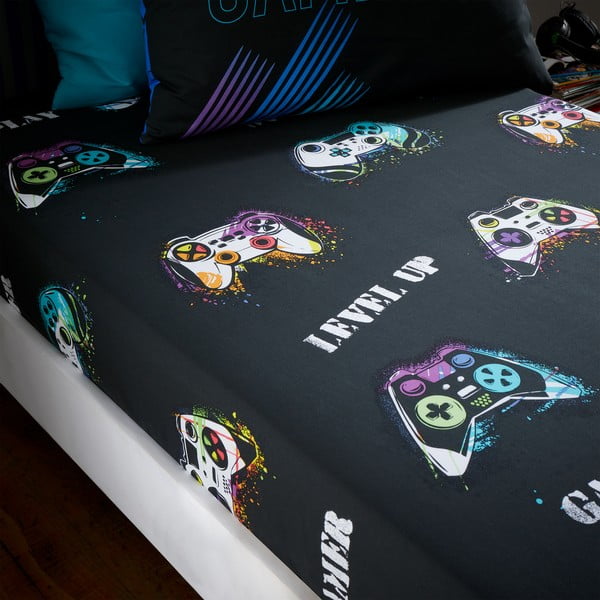 Fekete gumis egyszemélyes gyerek lepedő 90x190 cm Game Over – Catherine Lansfield-image-1