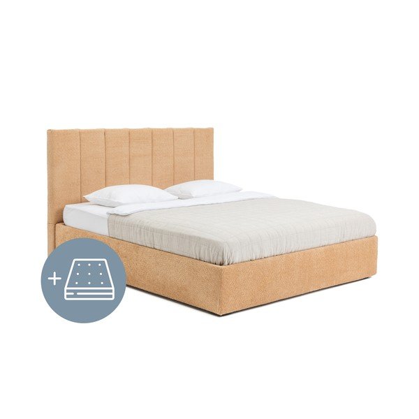 Mustársárga kárpitozott ágyneműtartós franciaágy matraccal, ágyráccsal 180x200 cm Thessa Bold Line – Bonami Selection