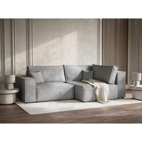 Szürke kordbársony kinyitható-tárolóhelyes sarokkanapé (jobb oldali-L alakú) Tonga – Maison de Rêve-image-4