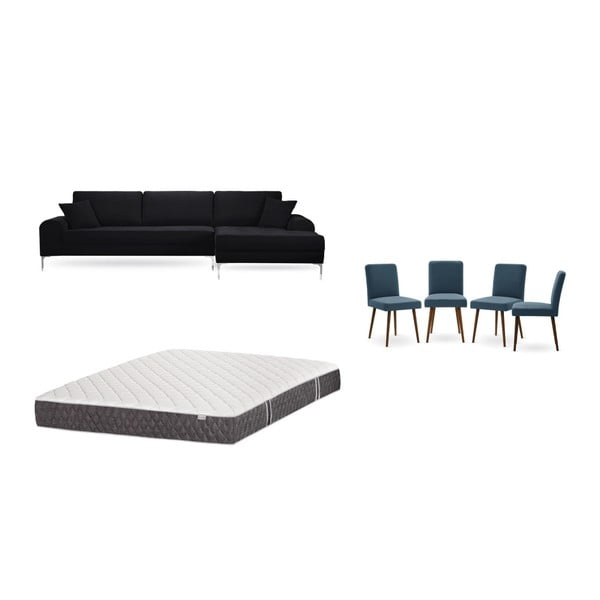 Fekete jobboldali sarokkanapé, 4 db kék szék, matrac (160 x 200 cm) szett - Home Essentials