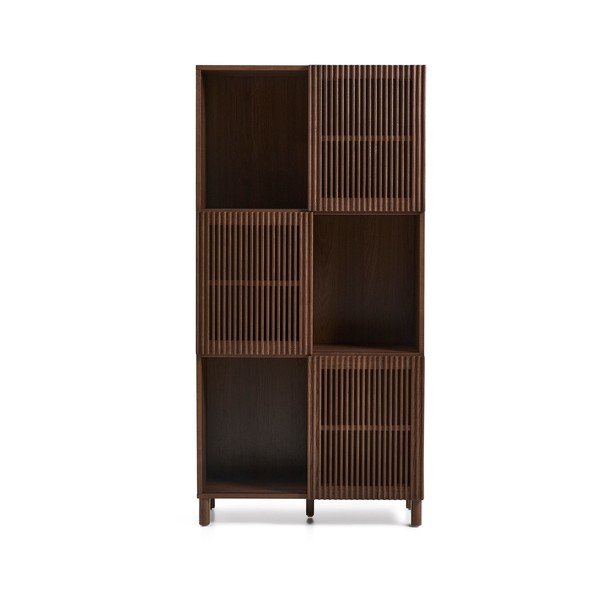 Sötétbarna könyvespolc tolóajtóval, diófa dekorral 84,5x170x42,5 cm Beyla – Kave Home-image-3