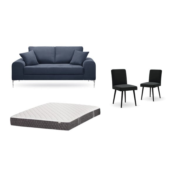 Sötétkék, kétszemélyes kanapé, 2 db fekete szék, matrac (140 x 200 cm) szett - Home Essentials