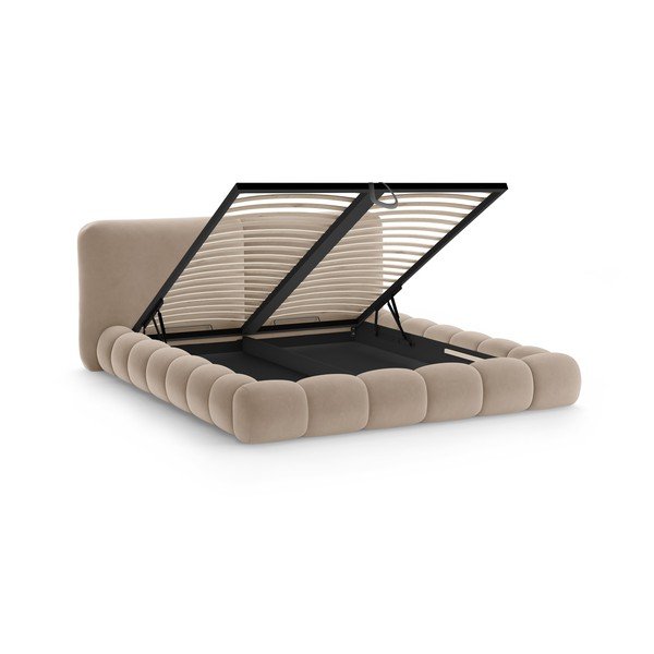 Világosbarna kárpitozott ágyneműtartós franciaágy ágyráccsal 160x200 cm Solange – Micadoni -image-2