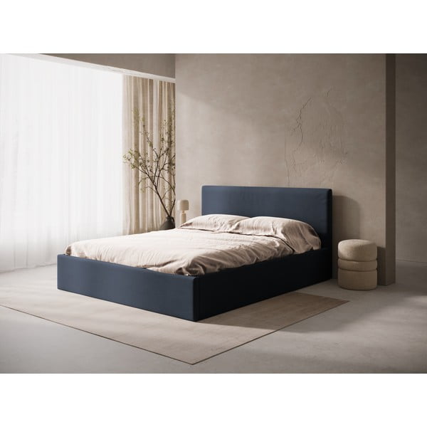 Sötétkék kárpitozott ágyneműtartós-ágytámla nélkül franciaágy ágyráccsal 140x200 cm Susan – Micadoni -image-1