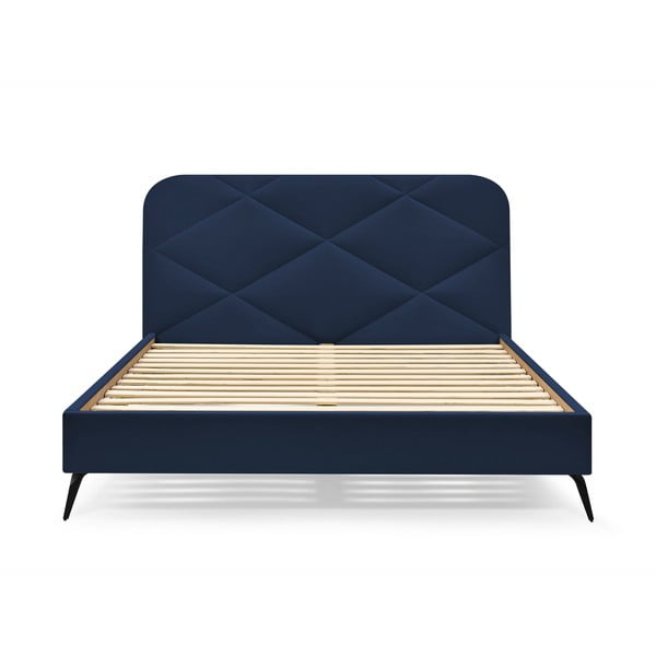 Sötétkék kárpitozott franciaágy ágyráccsal 160x200 cm Prune – Bobochic Paris-image-3