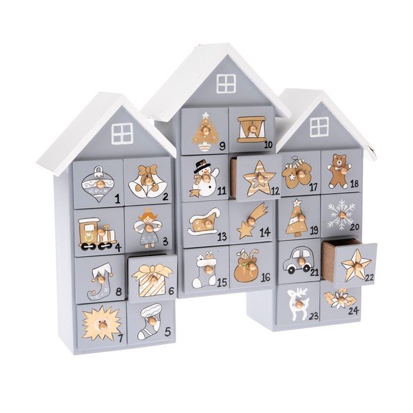 Fából készült szürke házikó alakú adventi naptár, magasság 21,5 cm - Dakls