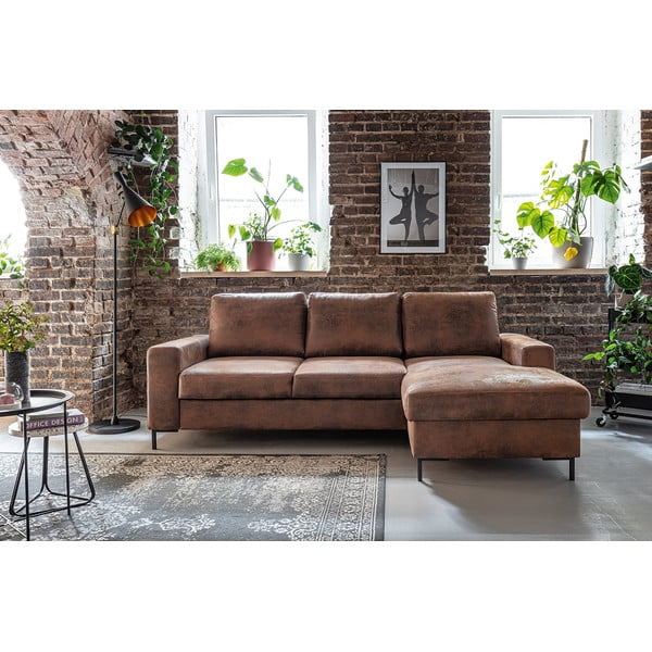 Lofty Lilly Vintage barna kinyitható bőrutánzat sarokkanapé, jobb oldali - Miuform-image-1