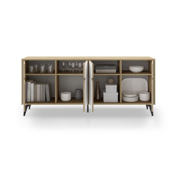 Fehér-natúr színű alacsony komód tölgyfa dekorral 185x79 cm Nola – Marckeric-image-3