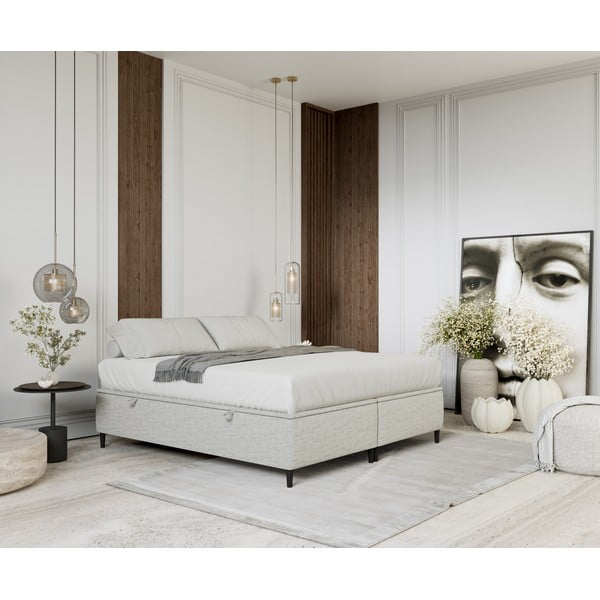 Világosszürke kárpitozott ágyneműtartós franciaágy 200x200 cm Tate – Maison de Rêve-image-1