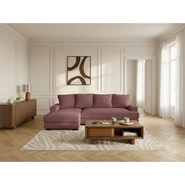 Rózsaszín kordbársony kinyitható-tárolóhelyes sarokkanapé (bal oldali-heverő résszel) Campi – Bobochic Paris-image-1
