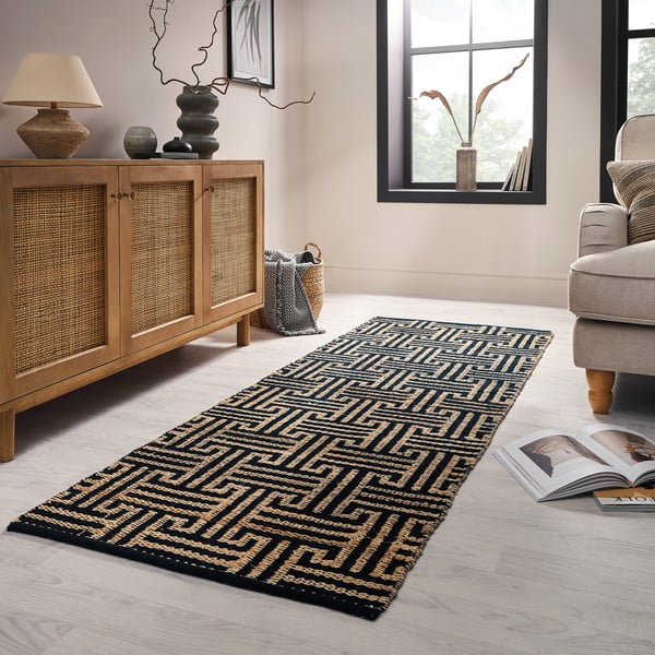 Fekete-natúr színű kézi szövésű jutakeverék futószőnyeg 80x230 cm Meander Jute – Flair Rugs-image-1
