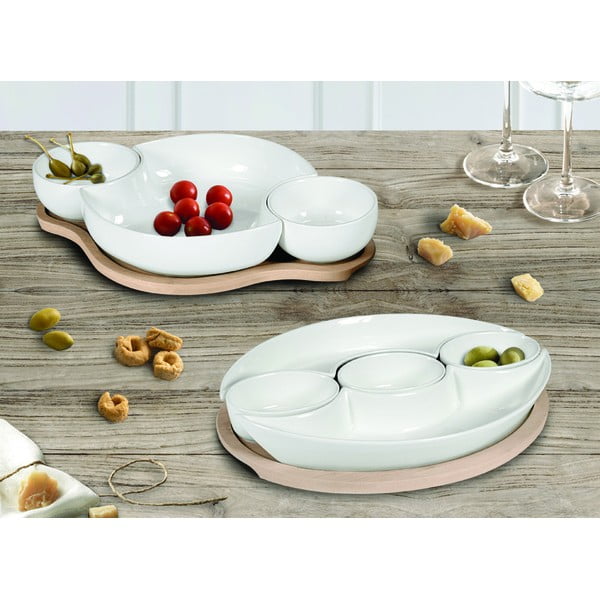 Plait fehér porcelán tál, bambusz tálcán - Brandani-image-1