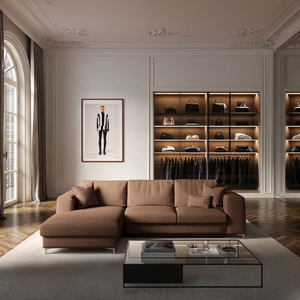 Barna bársony kinyitható tárolóhelyes sarokkanapé (bal oldali-heverő résszel) Rene – Rodier-image-1