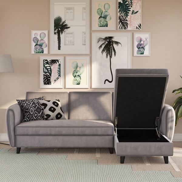 Szürke bársony kinyitható sarokkanapé Perry – Støraa-image-1