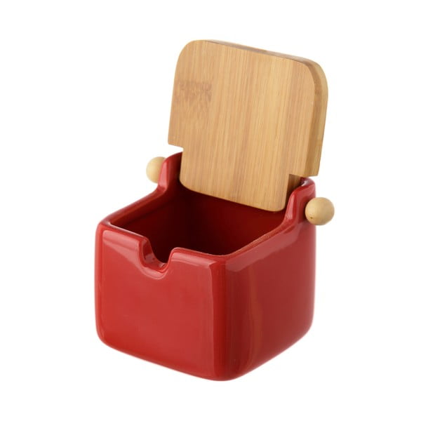 Piros agyagkerámia sótartó bambusz fedéllel, 250 ml - Casa Selección-image-1