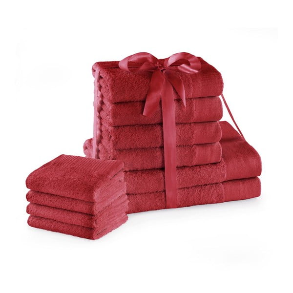 Piros frottír pamut törölköző és fürdőlepedő készlet 10 db-os Amari – Restilo