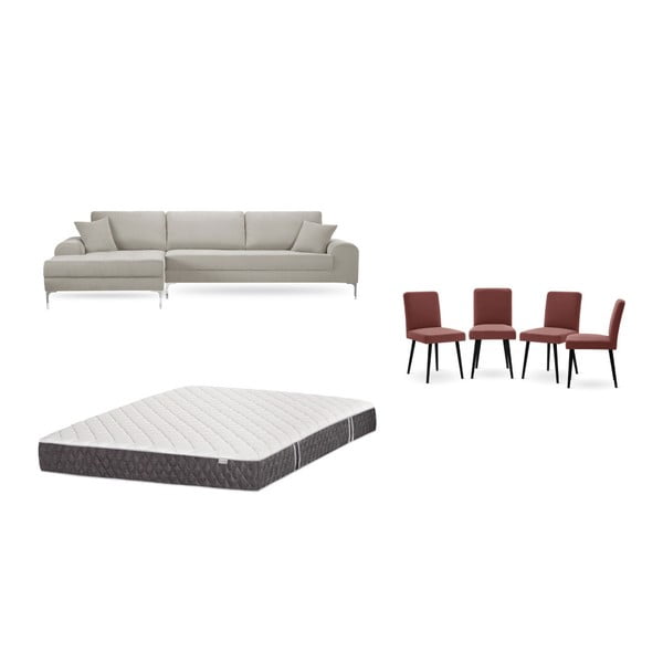 Krémszínű baloldali sarokkanapé, 4 db téglapiros szék, matrac (160 x 200 cm) szett - Home Essentials