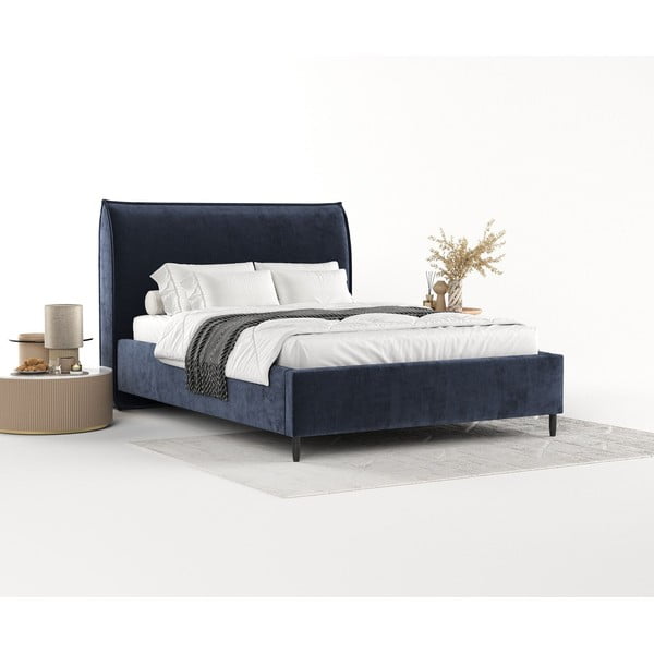 Sötétkék kárpitozott ágyneműtartós franciaágy ágyráccsal 180x200 cm Shell – Maison de Rêve-image-2