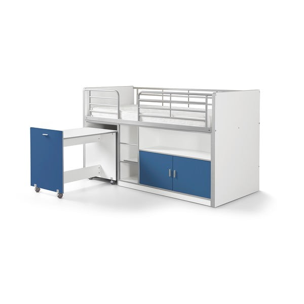 Bonny fehér-kék emeletes ágy kihúzható asztallal és tárolóval, 200 x 90 cm - Vipack