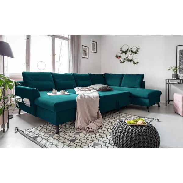 Stylish Stan türkiz kinyitható U alakú bársony kanapé, jobb oldali - Miuform-image-4