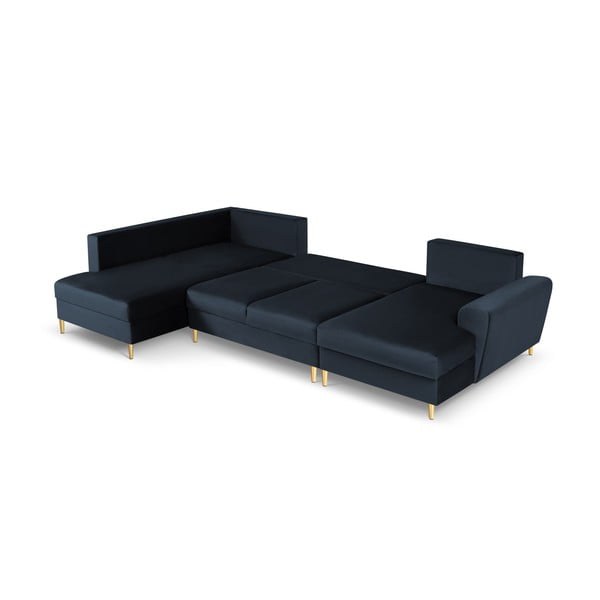 Sötétkék bársony kinyitható tárolóhelyes sarokkanapé (bal oldali-U alakú) Kyoto – Cosmopolitan Design-image-2