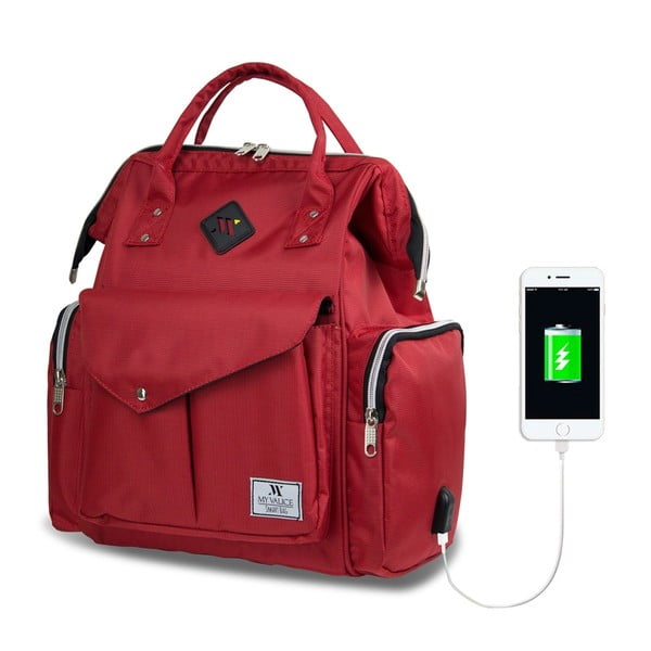 HAPPY MOM Baby Care Backpack piros hátizsák anyukáknak USB csatlakozóval - My Valice