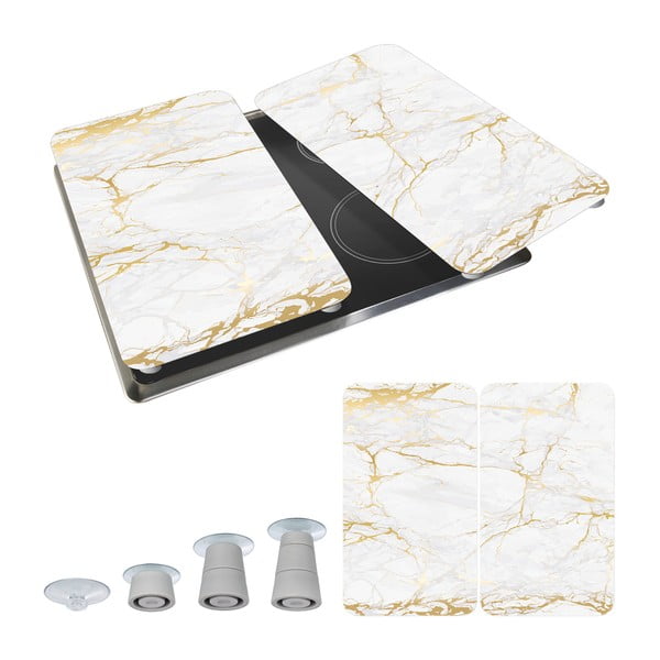 Fehér-aranyszínű edzett üveg tűzhely fedőlap szett 2 db-os 30x52 cm Marble – Wenko-image-2