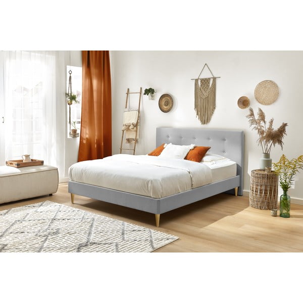 Világosszürke kárpitozott franciaágy ágyráccsal 180x200 cm Rory – Bobochic Paris-image-3