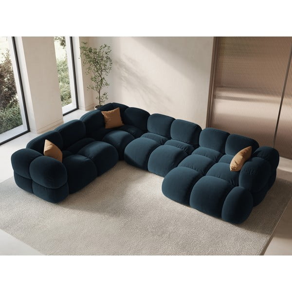 Sötétkék bársony sarokkanapé (bal oldali-U alakú) Loretto – Cosmopolitan Design-image-1