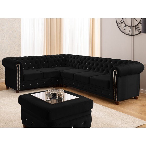 Fekete bársony kinyitható sarokkanapé (bal oldali-L alakú) York Blik – Ropez-image-4