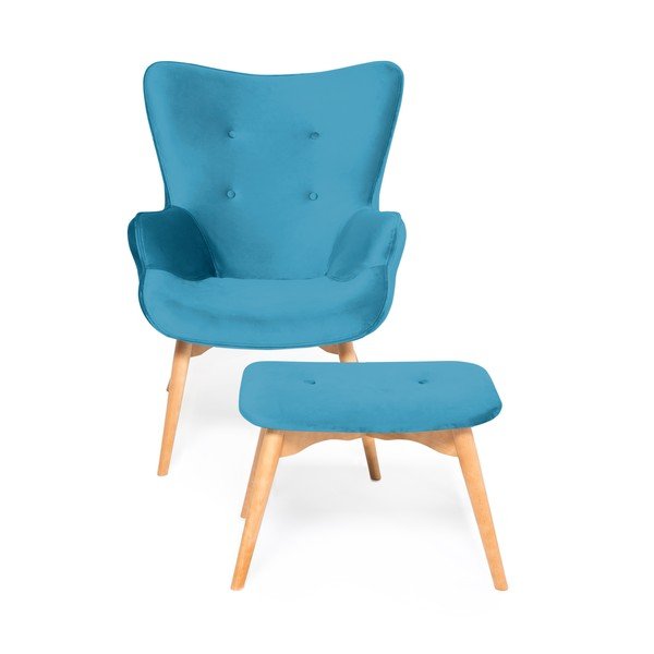 Cora Velvet akvamarin-kék fotel és lábtartó, természetes lábszerkezet - Vivonita-image-2