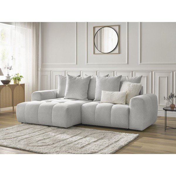 Világosszürke zsenília kinyitható-tárolóhelyes sarokkanapé (bal oldali-heverő résszel) Roxelane – Bobochic Paris-image-3