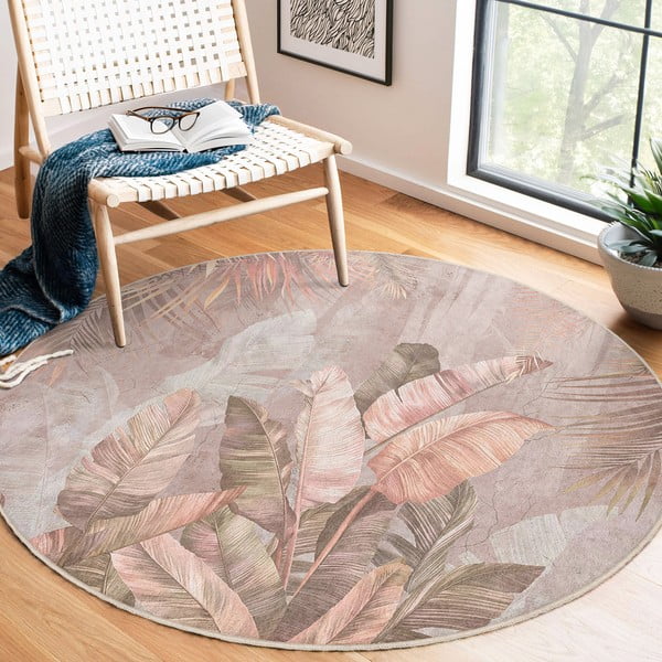 Világos rózsaszín mosható kerek szőnyeg ø 120 cm Dusty Leaves – Mila Home-image-4