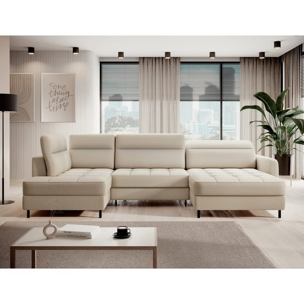 Bézs bársony kinyitható-tárolóhelyes sarokkanapé (bal oldali-U alakú) Berrto – ELTAP-image-1