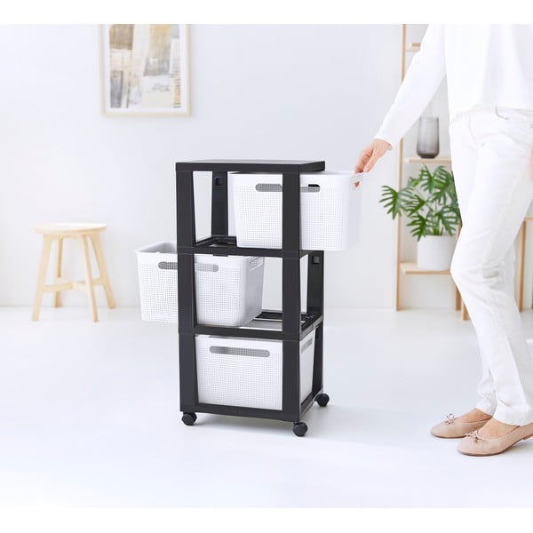 Fehér-fekete műanyag gurulós polcos állvány 30x77 cm Brisen - Rotho-image-1