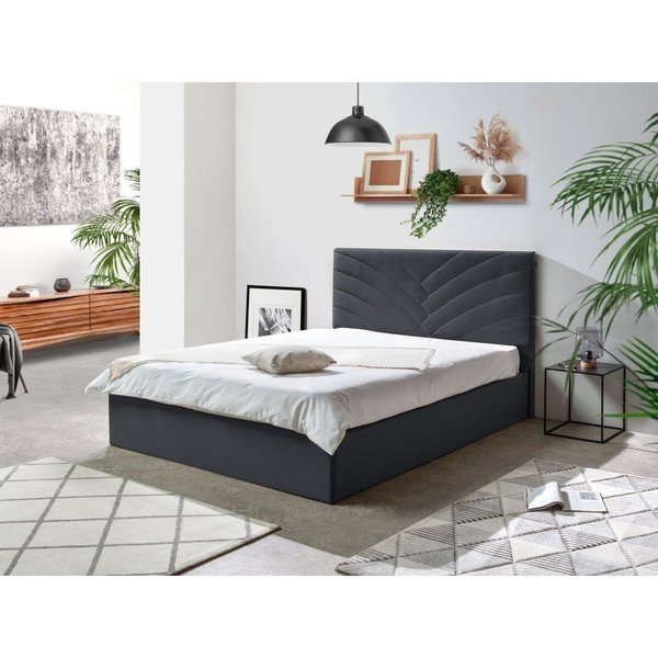 Antracitszürke kárpitozott franciaágy tárolóhellyel ágyráccsal 160x200 cm Palmyre – Bobochic Paris-image-1