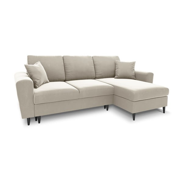 Bézs bársony kinyitható tárolóhelyes sarokkanapé Kyoto – Cosmopolitan Design