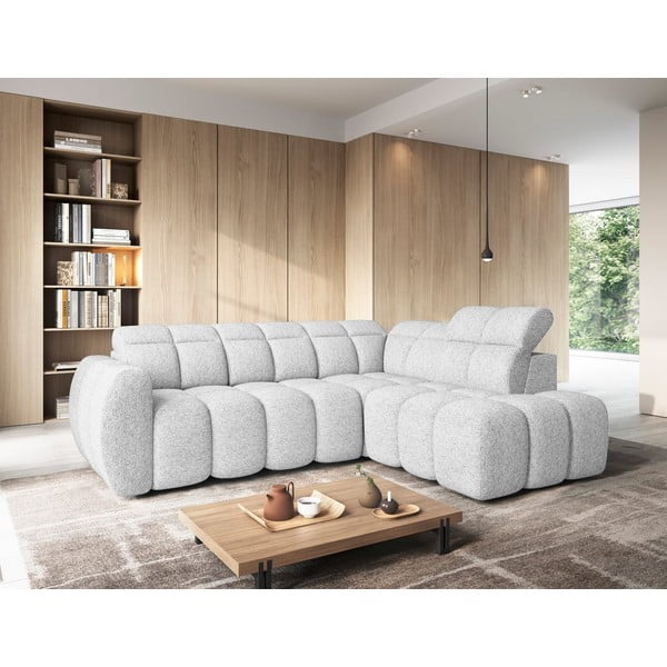 Világosszürke buklé kinyitható-tárolóhelyes sarokkanapé (jobb oldali-L alakú) Falconn – ELTAP-image-1