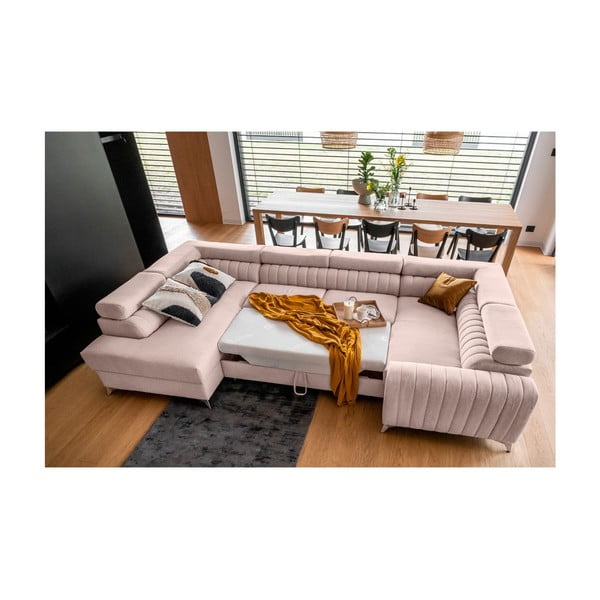 Rózsaszín kinyitható-tárolóhelyes sarokkanapé (bal oldali-U alakú) Louis – ELTAP-image-3