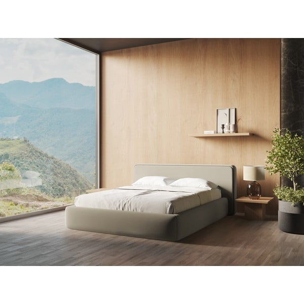 Bézs kárpitozott ágyneműtartós franciaágy ágyráccsal 160x200 cm Kiana – Makamii-image-1