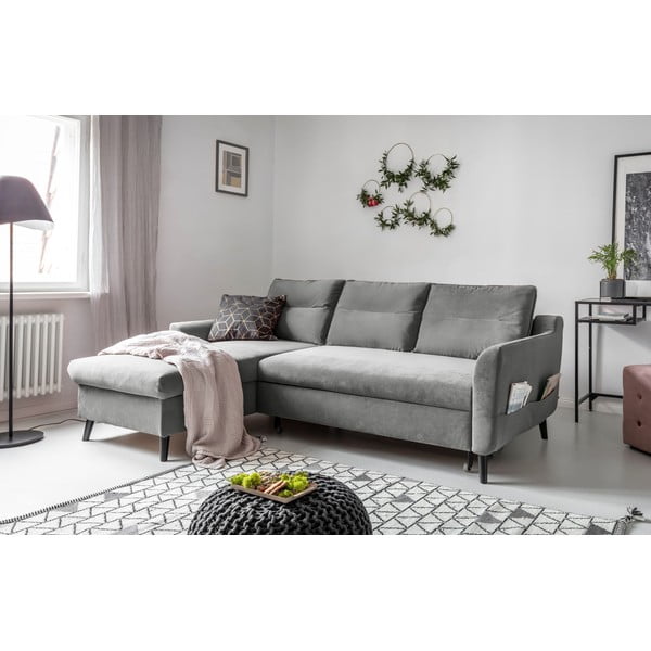 Stylish Stan világosszürke kinyitható bársony sarokkanapé, bal oldali - Miuform-image-3