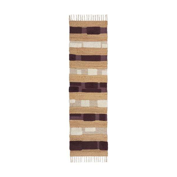 Lila-natúr színű kézi szövésű jutakeverék futószőnyeg 60x230 cm Medina Blocks – Flair Rugs