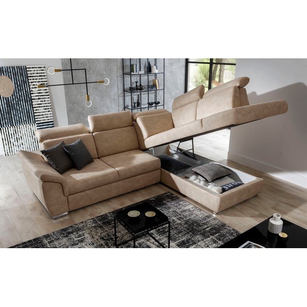 Bézs bársony kinyitható-tárolóhelyes sarokkanapé (jobb oldali-L alakú) Loreto – ELTAP-image-3