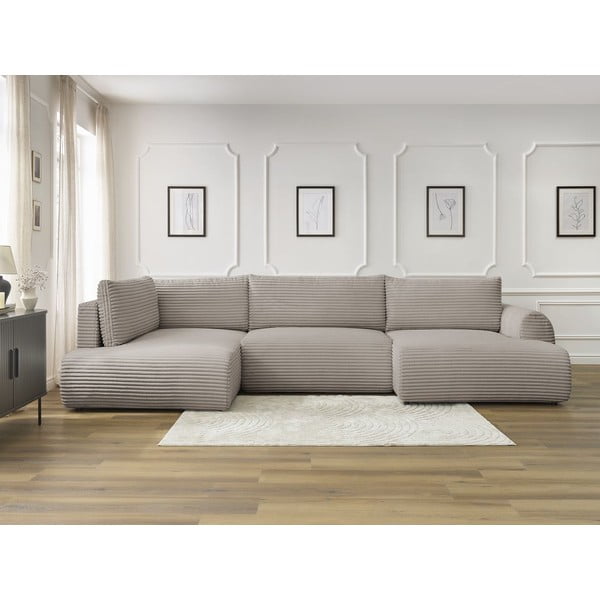 Világosszürke-bézs kordbársony kinyitható-tárolóhelyes sarokkanapé (bal oldali-U alakú) Lucien – Bobochic Paris-image-1