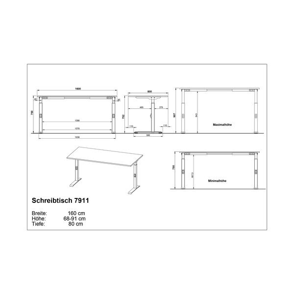 Állítható íróasztal tölgyfa dekoros asztallappal 80x160 cm Downey – Germania-image-3