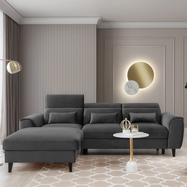 Sötétszürke bársony kinyitható-tárolóhelyes sarokkanapé (bal oldali-heverő résszel) Foble – ELTAP-image-1