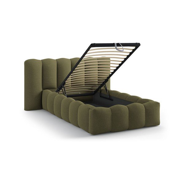 Khaki kárpitozott ágyneműtartós egyszemélyes ágy ágyráccsal 90x200 cm Lupine – Micadoni -image-1