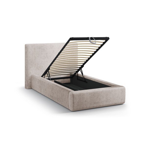 Bézs kárpitozott ágyneműtartós egyszemélyes ágy ágyráccsal 90x200 cm Amy – Micadoni -image-1