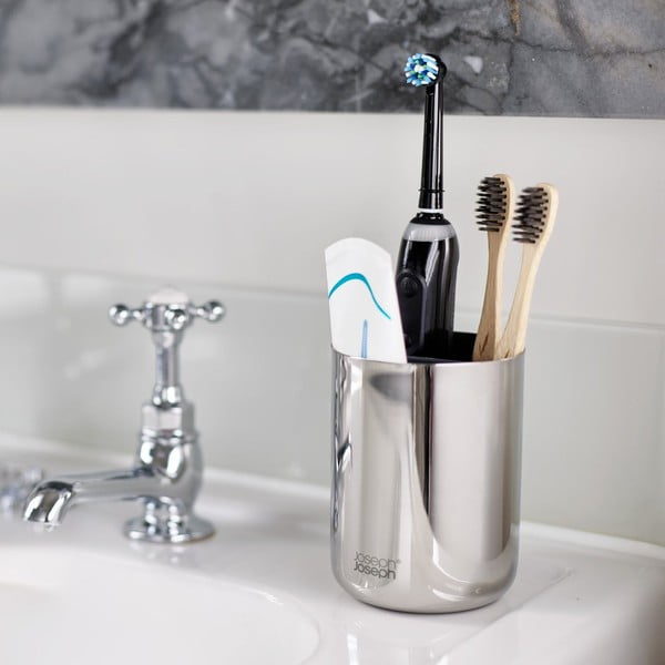 Fényes ezüstszínű rozsdamentes acél fogkefetartó pohár EasyStore Luxe – Joseph Joseph-image-1